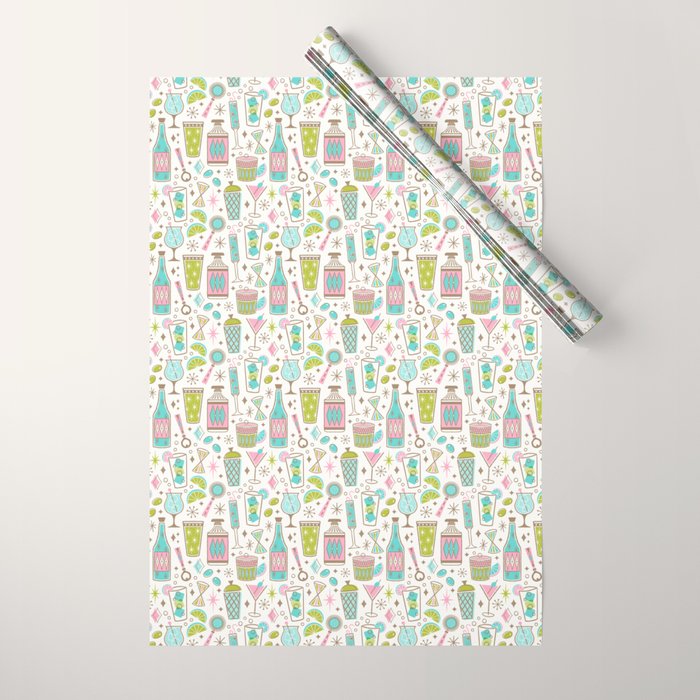 Retro Mid Century Happy Hour - Pink Green and Blue Wrapping Paper Gallery Image 1