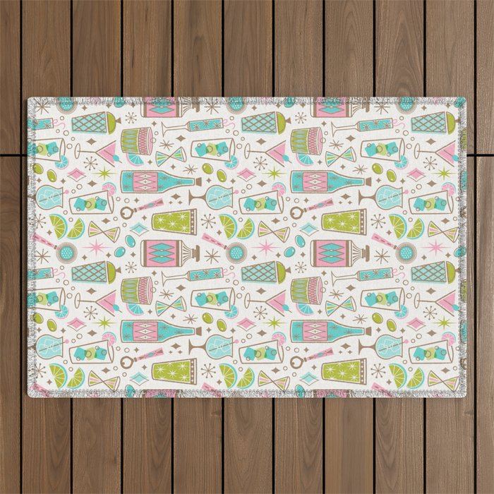 Retro Mid Century Happy Hour - Pink Green and Blue Outdoor Rug Gallery Image 1
