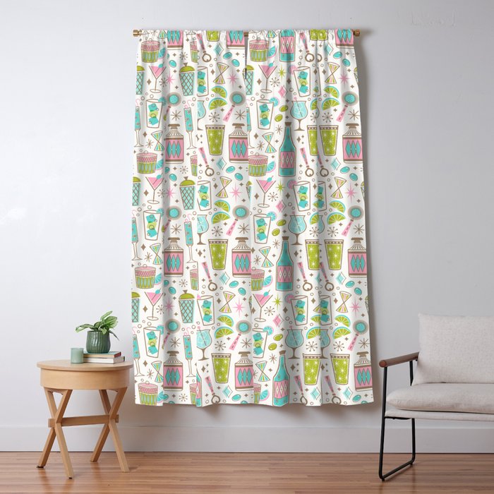 Retro Mid Century Happy Hour - Pink Green and Blue Window Curtain Gallery Image 1