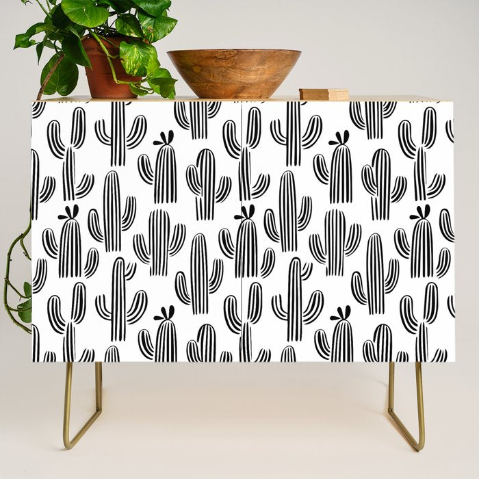 Black and white cactus plant pattern art Credenza Gallery Image 1