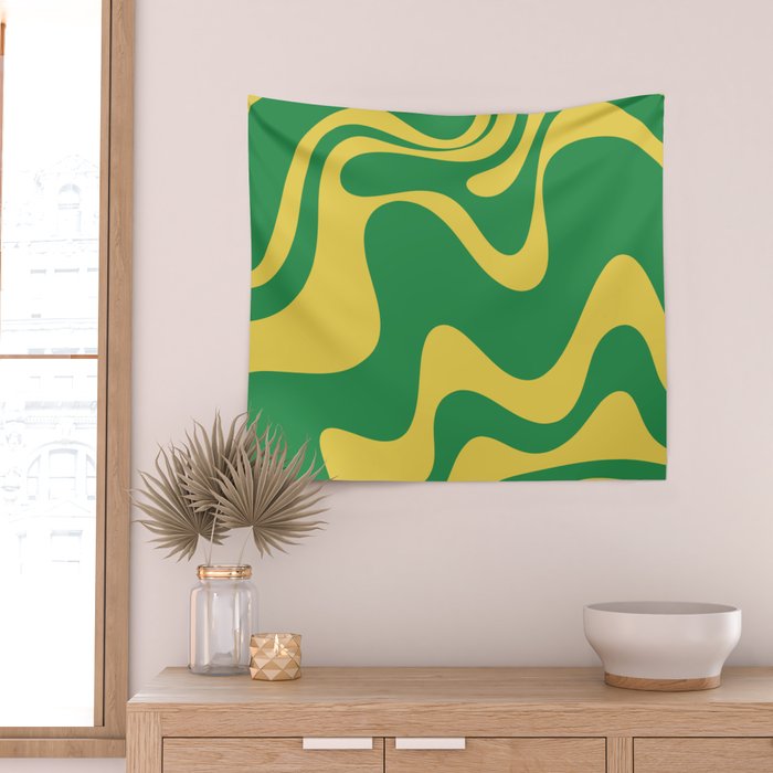 Green and Yellow Retro Liquid Swirl Abstract 2 Wall Tapestry Gallery Image 2