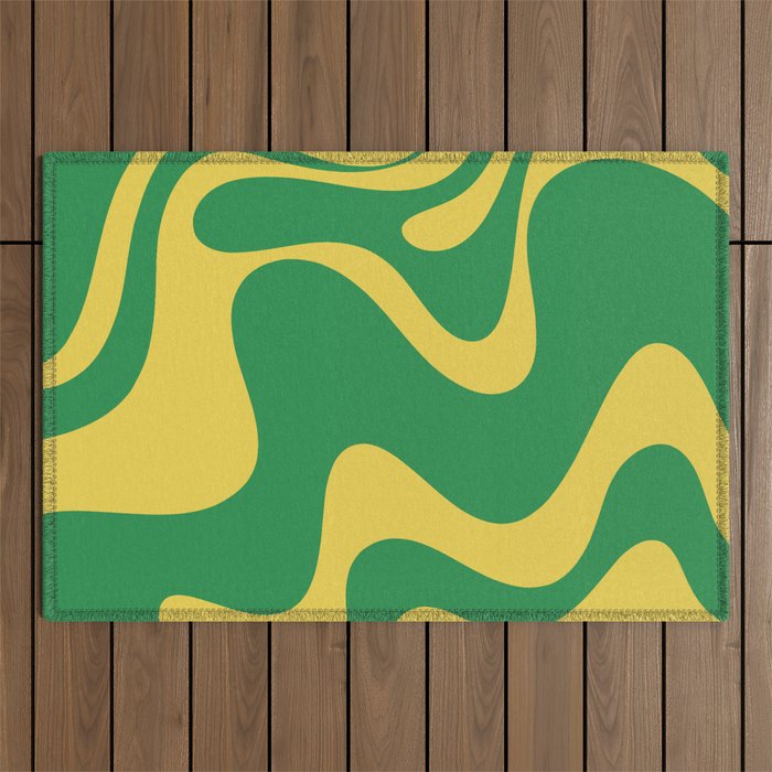Green and Yellow Retro Liquid Swirl Abstract 2 Outdoor Rug Gallery Image 1