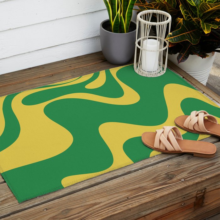 Green and Yellow Retro Liquid Swirl Abstract 2 Outdoor Rug Gallery Image 2