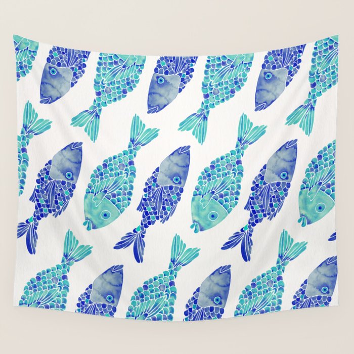 Indonesian Fish Duo - Navy & Turquoise Palette Wall Tapestry Gallery Image 4