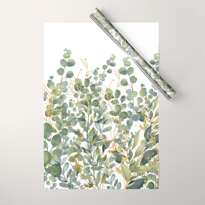 Gold And Green Botanical Eucalyptus Leaves Wrapping Paper Gallery Image 1