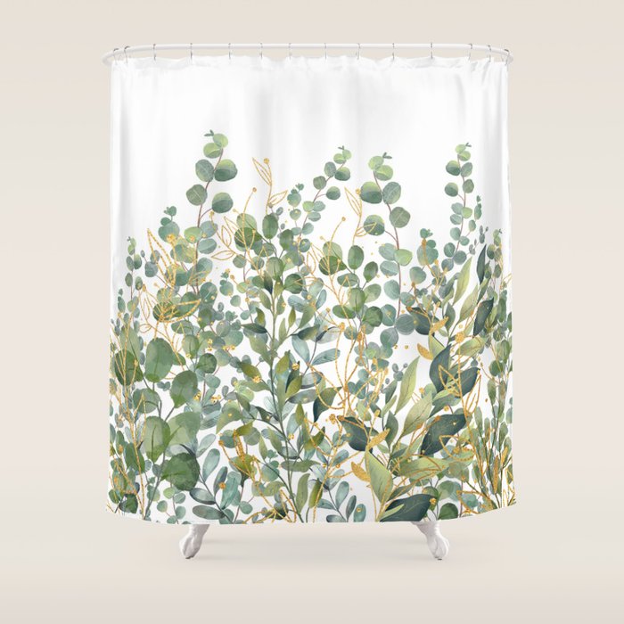 Gold And Green Botanical Eucalyptus Leaves Shower Curtain Gallery Image 1