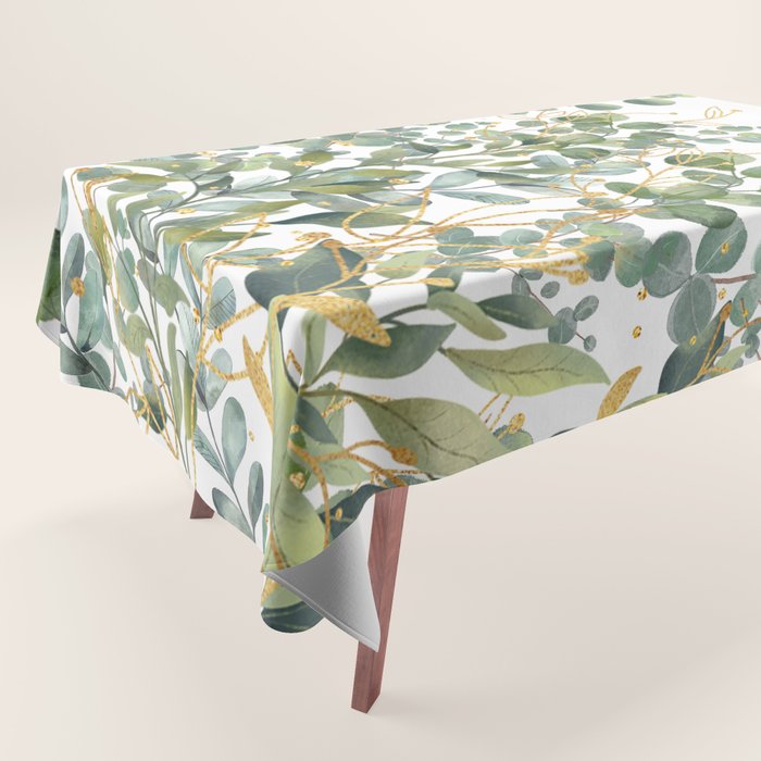 Gold And Green Botanical Eucalyptus Leaves Tablecloth Gallery Image 1