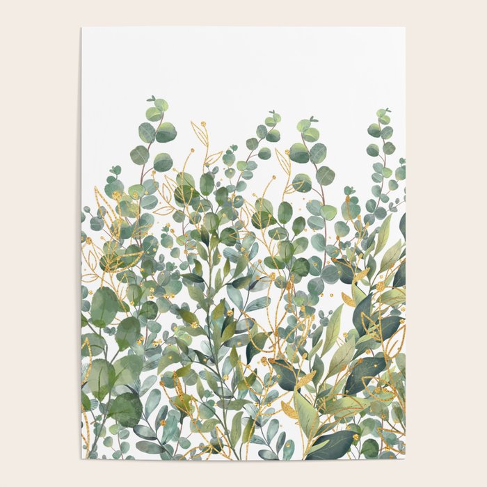 Gold And Green Botanical Eucalyptus Leaves Poster Gallery Image 4