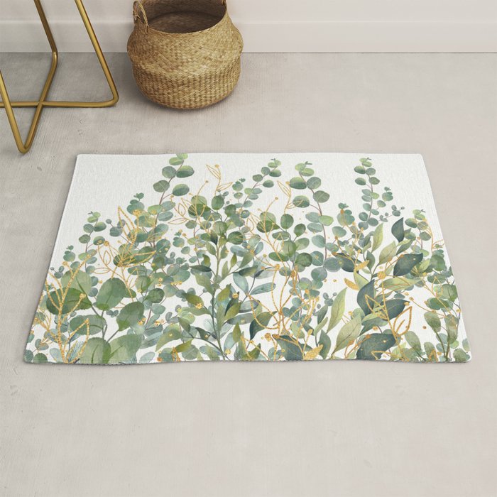 Gold And Green Botanical Eucalyptus Leaves Rug Gallery Image 1