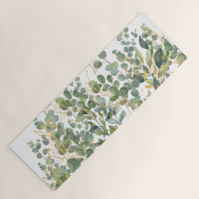 Gold And Green Botanical Eucalyptus Leaves Yoga Mat Gallery Image 1