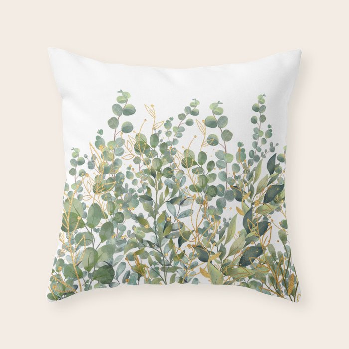 Gold And Green Botanical Eucalyptus Leaves Throw Pillow Gallery Image 1