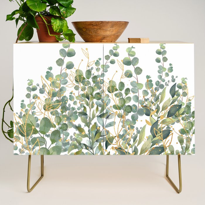 Gold And Green Botanical Eucalyptus Leaves Credenza Gallery Image 1