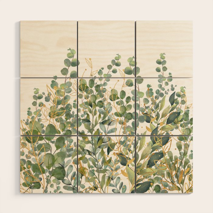 Gold And Green Botanical Eucalyptus Leaves Wood Wall Art Gallery Image 1