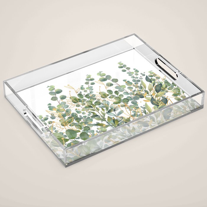 Gold And Green Botanical Eucalyptus Leaves Acrylic Tray Gallery Image 1