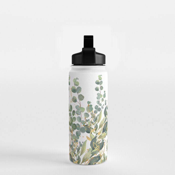 Gold And Green Botanical Eucalyptus Leaves Water Bottle Gallery Image 2