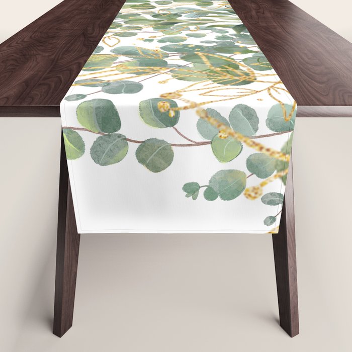Gold And Green Botanical Eucalyptus Leaves Table Runner Gallery Image 1