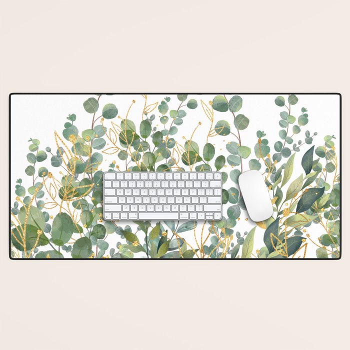 Gold And Green Botanical Eucalyptus Leaves Desk Mat Gallery Image 1