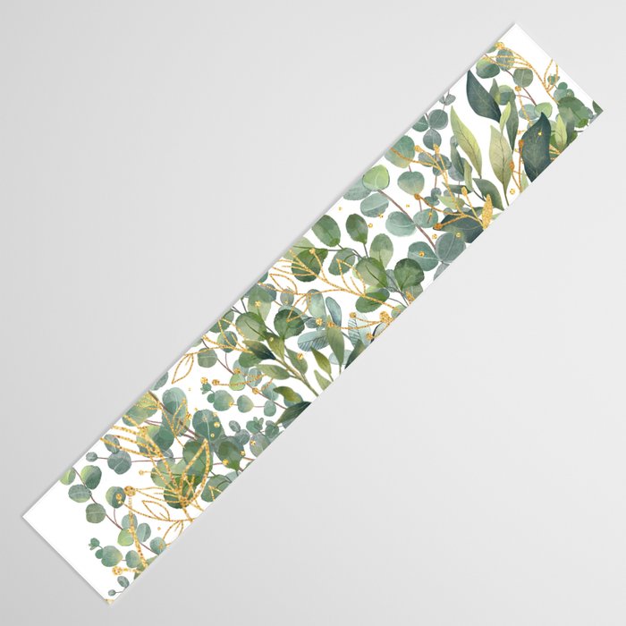 Gold And Green Botanical Eucalyptus Leaves Table Runner Gallery Image 3