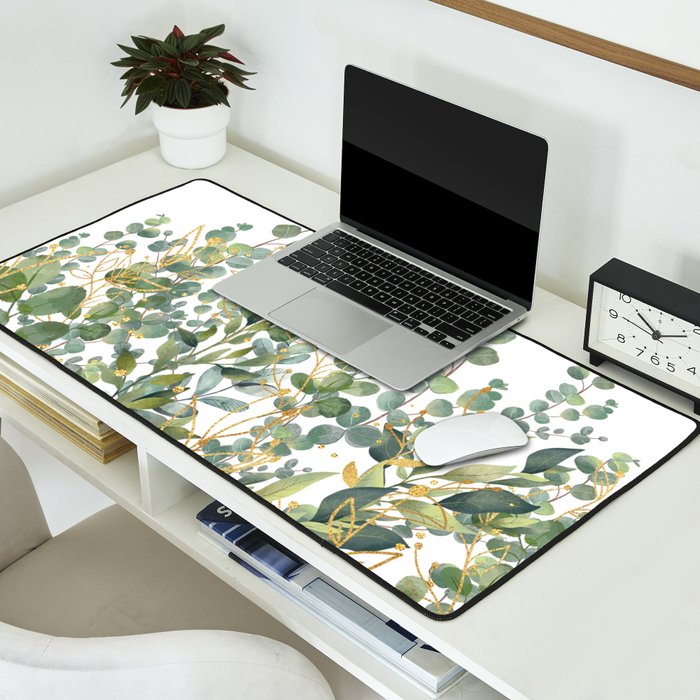 Gold And Green Botanical Eucalyptus Leaves Desk Mat Gallery Image 2