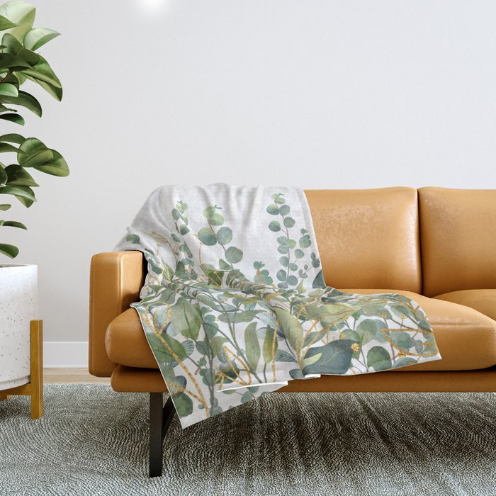 Gold And Green Botanical Eucalyptus Leaves Throw Blanket Gallery Image 1