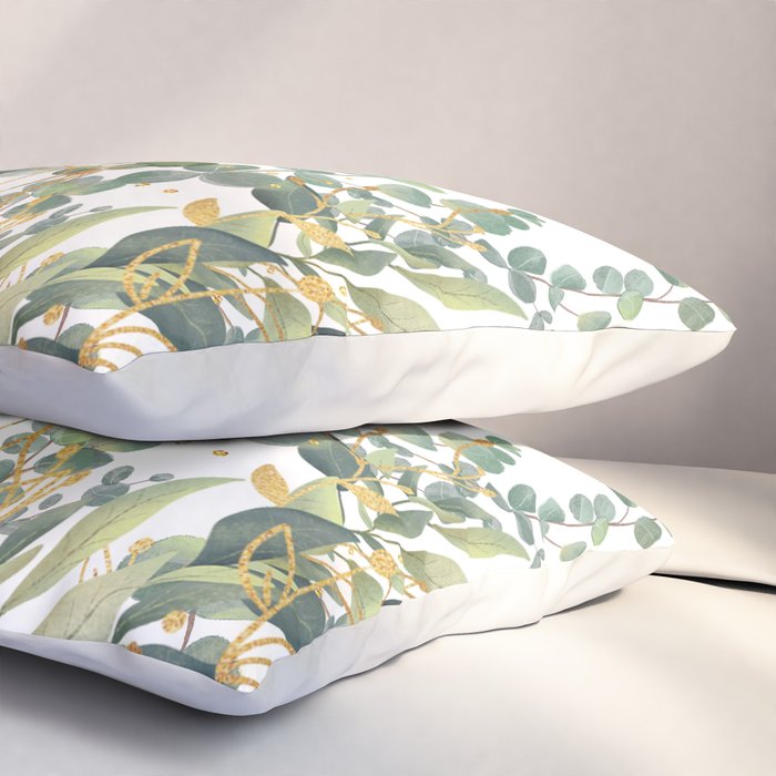 Gold And Green Botanical Eucalyptus Leaves Pillow Sham Gallery Image 3