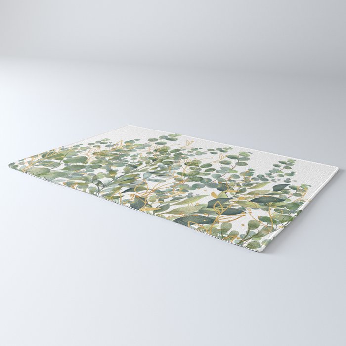 Gold And Green Botanical Eucalyptus Leaves Rug Gallery Image 3