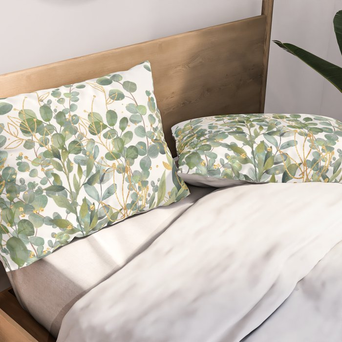 Gold And Green Botanical Eucalyptus Leaves Pillow Sham Gallery Image 2