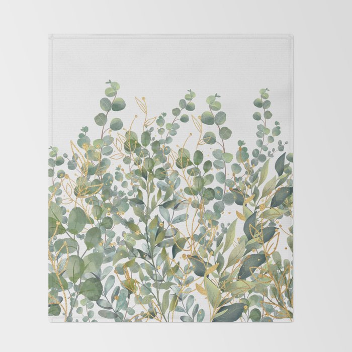 Gold And Green Botanical Eucalyptus Leaves Throw Blanket Gallery Image 2