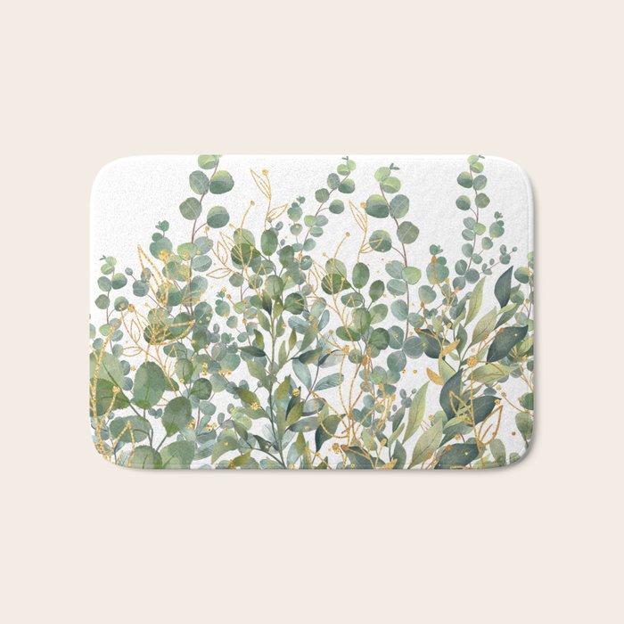 Gold And Green Botanical Eucalyptus Leaves Bath Mat
