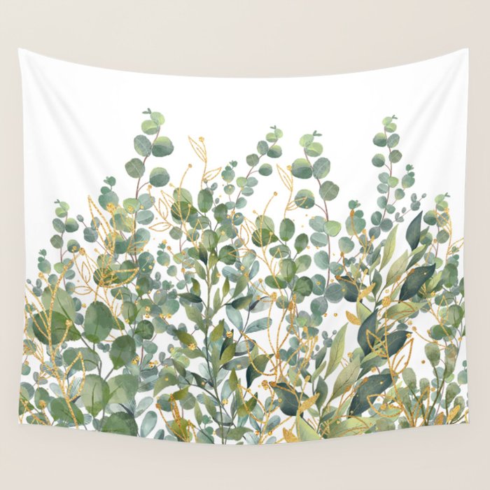 Gold And Green Botanical Eucalyptus Leaves Wall Tapestry Gallery Image 4