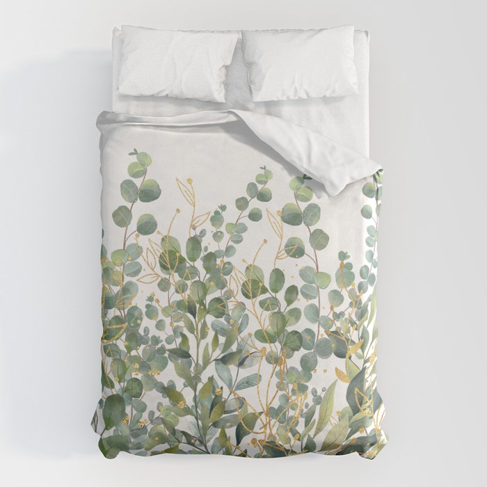 Gold And Green Botanical Eucalyptus Leaves Duvet Cover Gallery Image 6