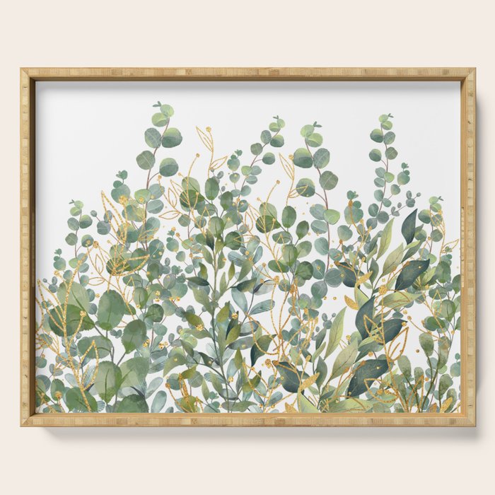 Gold And Green Botanical Eucalyptus Leaves Serving Tray Gallery Image 1