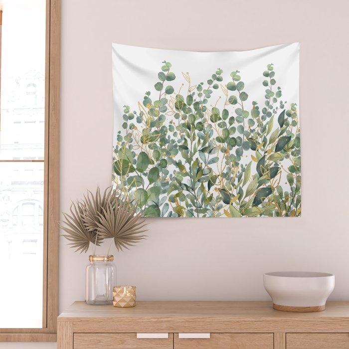Gold And Green Botanical Eucalyptus Leaves Wall Tapestry Gallery Image 2