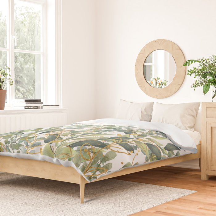 Gold And Green Botanical Eucalyptus Leaves Duvet Cover Gallery Image 2