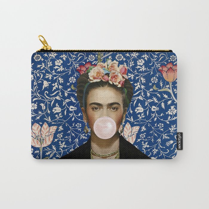Woman  Blowing a pink Bubble gum with vintage Medway tapestry Carry All Pouch Gallery Image 1