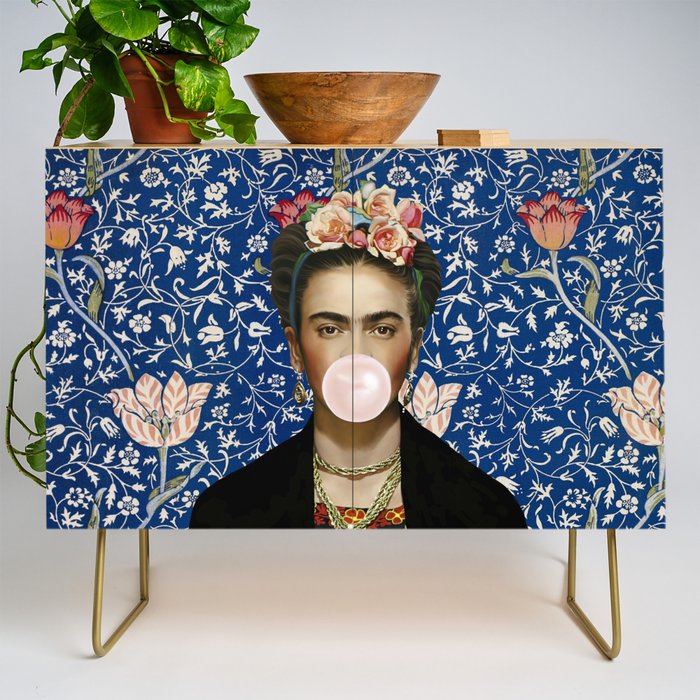 Woman  Blowing a pink Bubble gum with vintage Medway tapestry Credenza Gallery Image 1