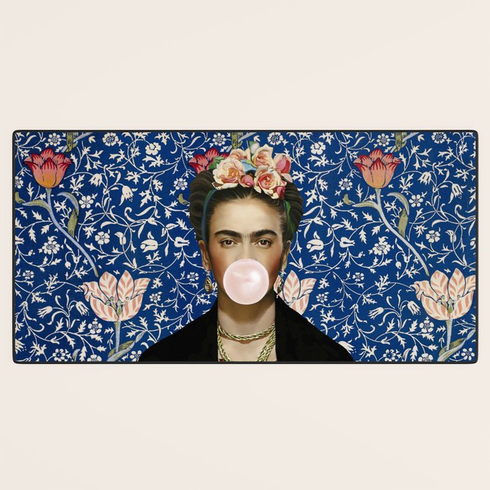 Woman  Blowing a pink Bubble gum with vintage Medway tapestry Desk Mat Gallery Image 3