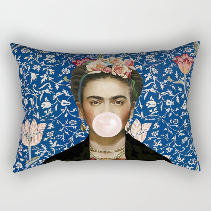 Woman  Blowing a pink Bubble gum with vintage Medway tapestry Rectangular Pillow Gallery Image 2