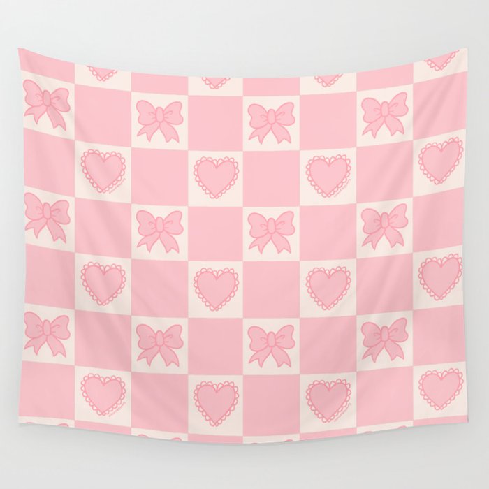 Pink Bow Checkered Print Wall Tapestry Gallery Image 1