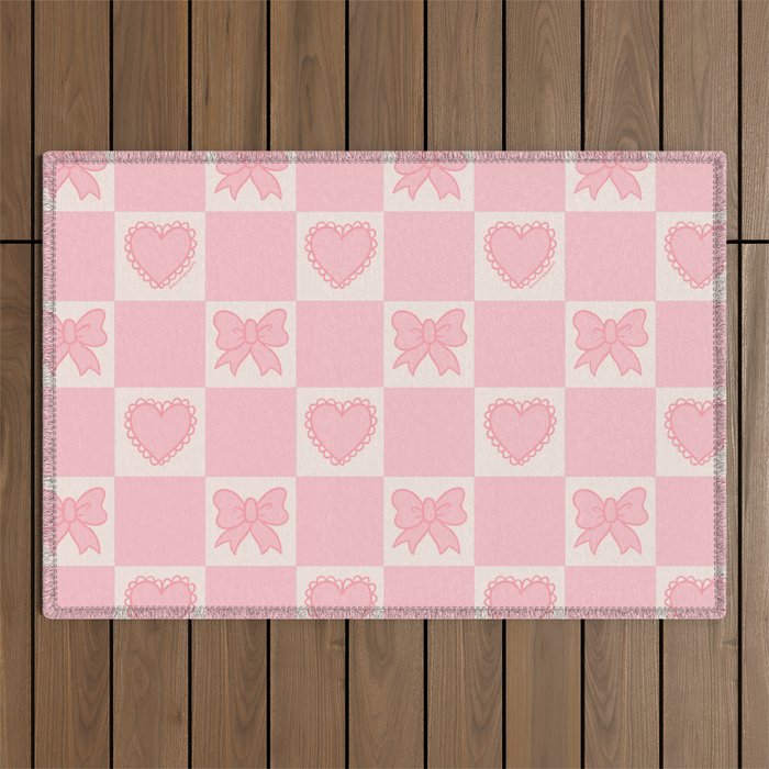 Pink Bow Checkered Print Outdoor Rug Gallery Image 1