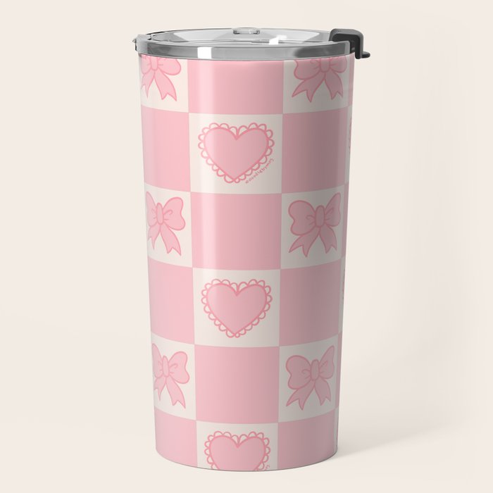 Pink Bow Checkered Print Travel Mug Gallery Image 2