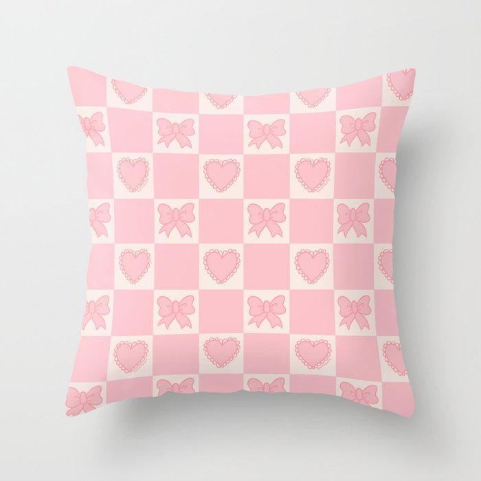 Pink Bow Checkered Print Throw Pillow Gallery Image 6