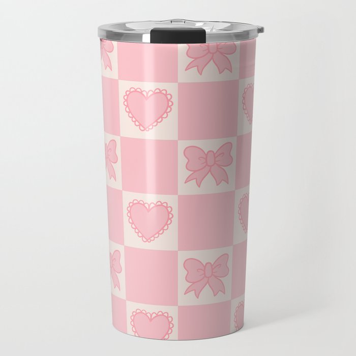 Pink Bow Checkered Print Travel Mug Gallery Image 1