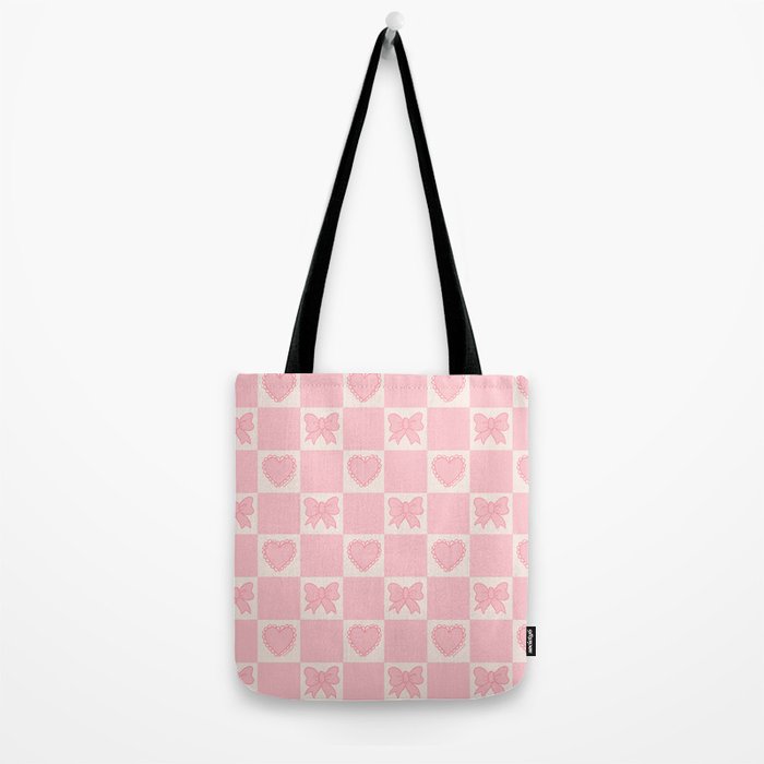Pink Bow Checkered Print Tote Bag Gallery Image 2