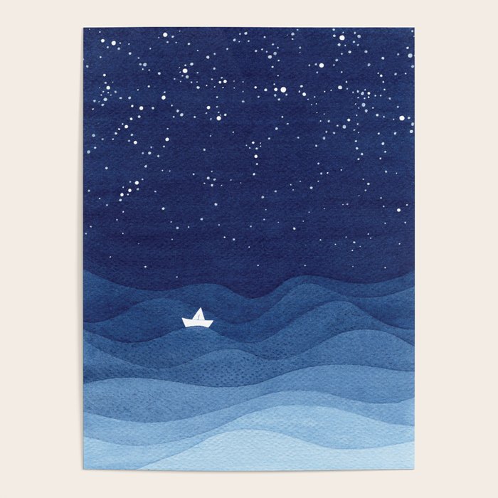 Blue Ocean Waves, Sailboat Ocean Stars Poster Gallery Image 4