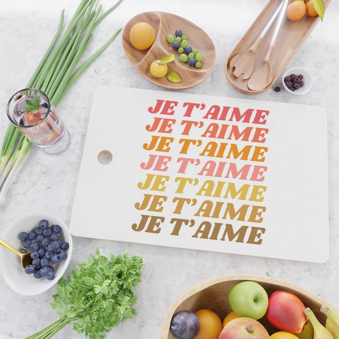 Je T'aime - French for I Love You in Warm Red, Orange, and Yellow Colors Cutting Board Gallery Image 2