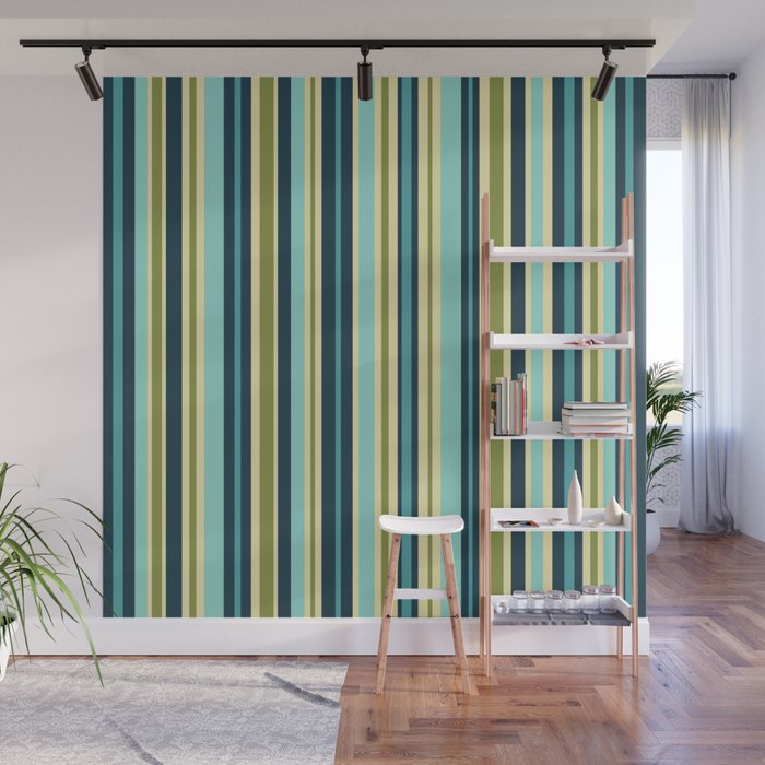 Vertical Stripes Blue Aqua Olive Vanilla Wall Mural Gallery Image 1