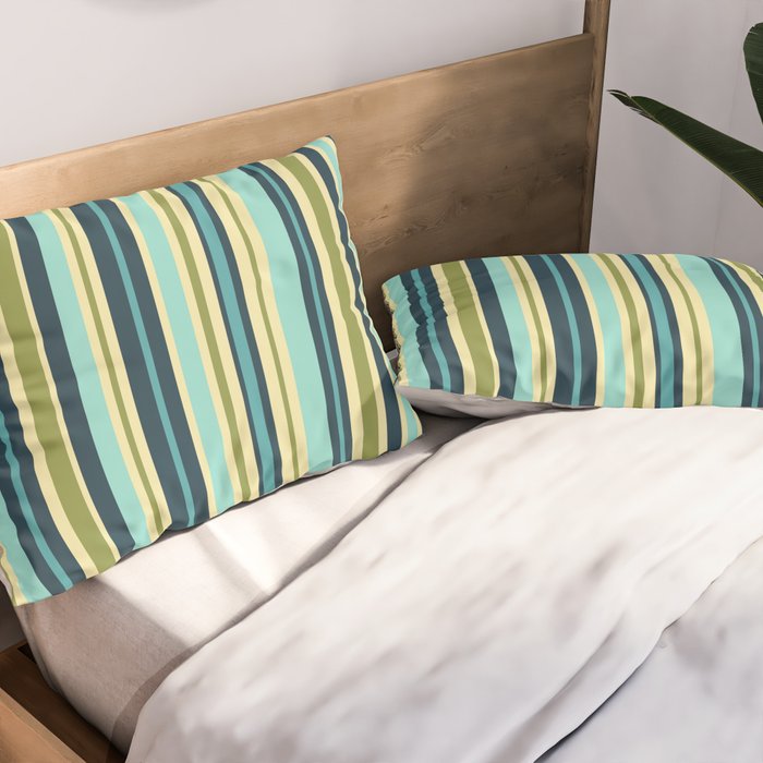 Vertical Stripes Blue Aqua Olive Vanilla Pillow Sham Gallery Image 2