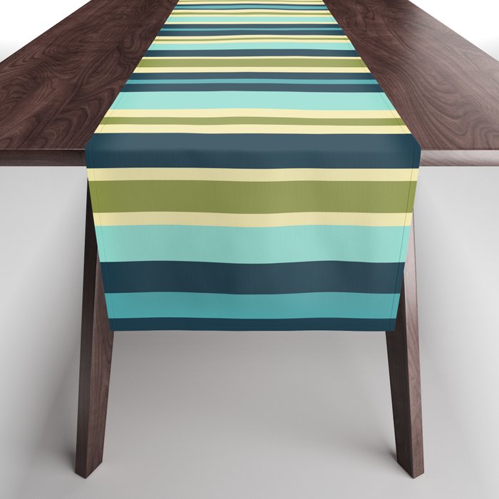 Vertical Stripes Blue Aqua Olive Vanilla Table Runner Gallery Image 1