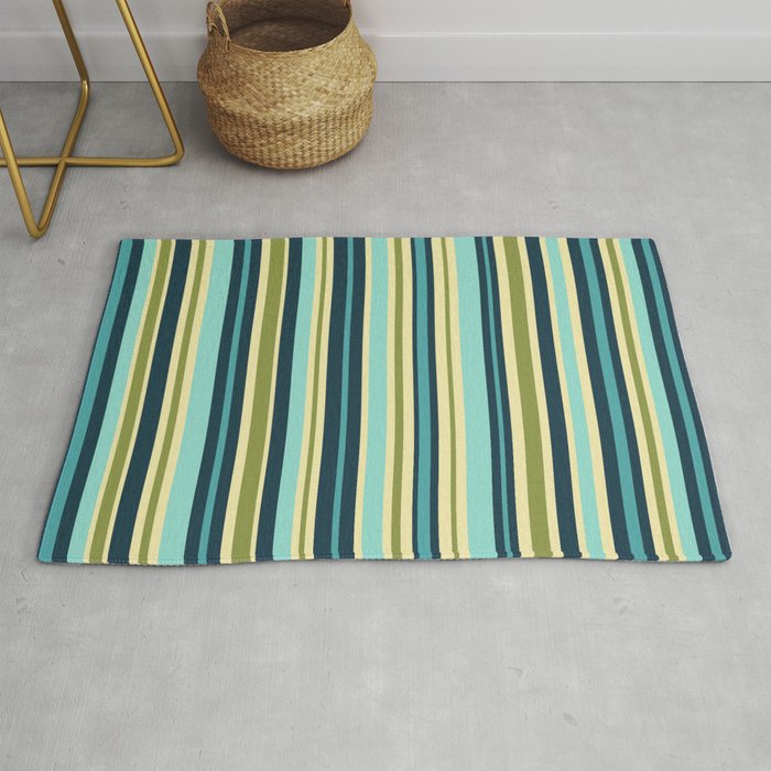 Vertical Stripes Blue Aqua Olive Vanilla Rug Gallery Image 1